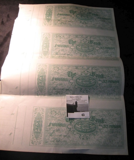 Civil War era uncut sheet of four checks from Treasurer's Office County of Oxford, Woodstock, Ontari
