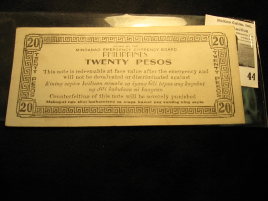 Series 1944 Mindanao Emergency Currency Board Twenty Peso. Serial No. 70326. FR#279. Near Crisp Unci