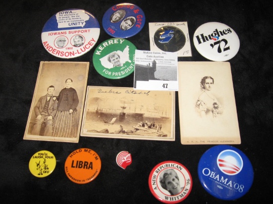 (3) Antique Black & white Photos and (10) different Pin-backs from a local collection.