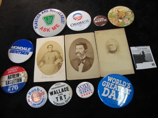 (3) Antique Black & white Photos and (10) different Pin-backs from a local collection.