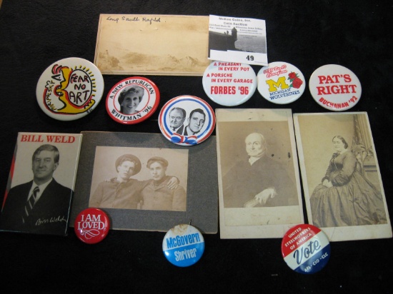 (4) Antique Black & white Photos and (10) different Pin-backs from a local collection.
