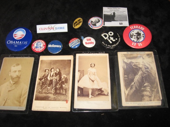 (4) Antique Black & white Photos and (10) different Pin-backs from a local collection.