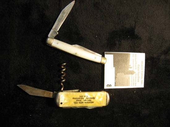 Newton Mfg. co. Advertising Knife & a two-blade folding knife. Both with simulated Mother-of-pearl h