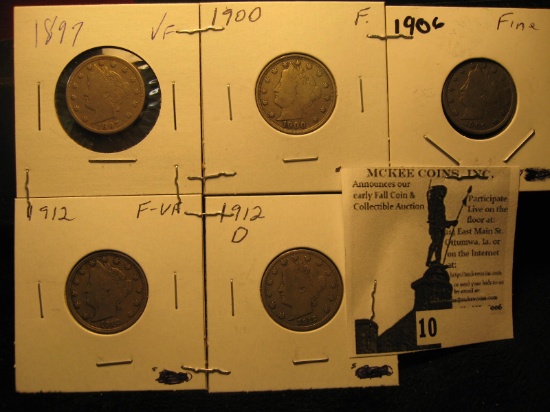 1897. 1900, 1906, 1912, & 1912 D Liberty Nickels grading VG-VF.