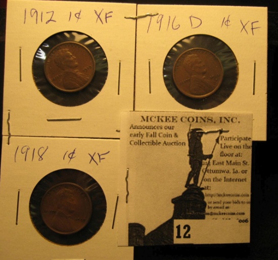 1912 P EF, 16 D EF, & 18 P EF Lincoln Cents.