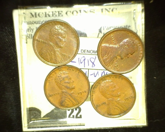 (4) 1918 P AU- Brown Uncirculated Lincoln Cents.