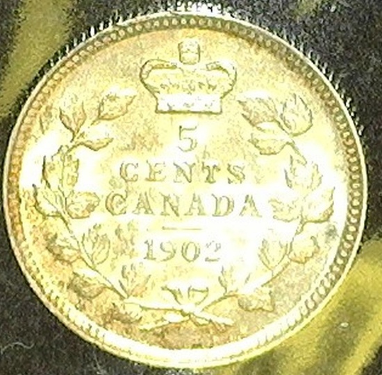 1902 Canada Five Cent Silver, CH AU.