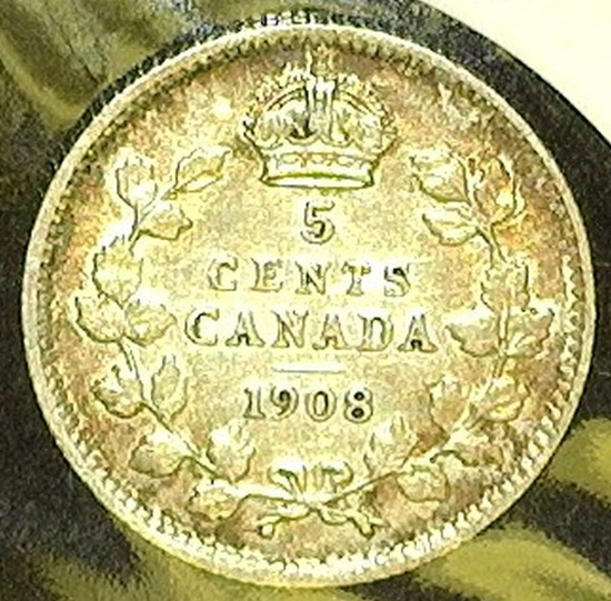 1908 Canada Five Cent Silver, EF with a scrape on the cheek.