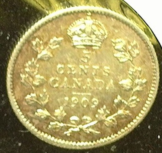 1909 Canada Five Cent Silver,AU.