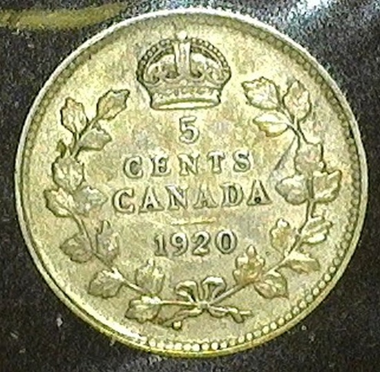 1920 Canada Five Cent Silver, VF.