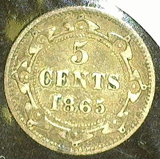 1865 Newfoundland Five Cent Silver, Fine.