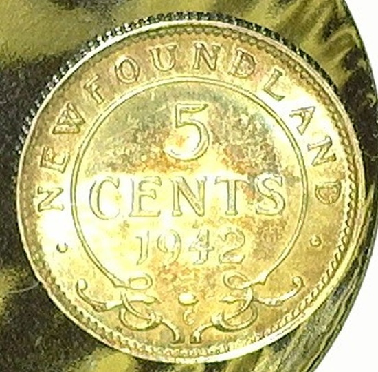 1942 C Newfoundland Five Cent Silver, CH BU 63 toned.