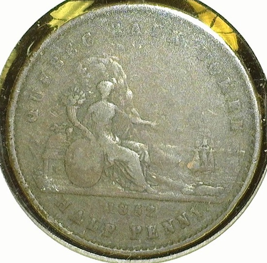 1852 Quebec Bank Half Cent Token, Fine, Charlton PC 3.