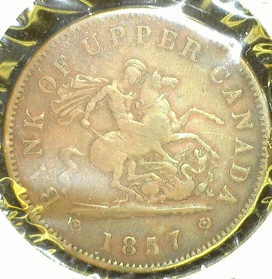 1857 Bank of Upper Canada Half Cent Token, F, Charlton PC 6D