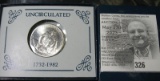 1982 D George Washington Commemorative Silver Half Dollar in original box of issue.