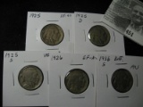 1925 P EF, 1925 D Good, 1925 S VG, 1926 P EF-AU, & 1936 S AU Buffalo Nickels.