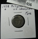 1908 S Philippines Dime, U.S. Administration. Fine.