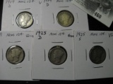 Five Mercury Dimes: (2) 1919 D VG, 19 S Good; 25 D Good; & 25 S VG