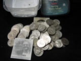 (77) Silver Washington Quarters, all stored in a Pasta plastic tub.