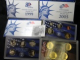 1999 S, 2005 S, & 2008 S U.S. Proof Sets, all with Dollar coins and original boxes of issue.