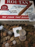 Roi-Tan Cigar Box half full of unsorted Wheat Cents; (4) Canadian Coins (some Silver) in a tube; 186
