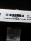 U.S. Mint Box containing the D Mint Franklin Roosevelt 25-piece Roll of Golden Dollars.