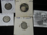 1852 Type One Three Cent Silver; 1865, 1873, & 1874 Three Cent Nickels.