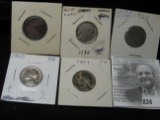 Pair of early Shield Nickels; 1936 P Buffalo Nickel; 1960 P Proof & 1981 BU Jefferson Nickels.