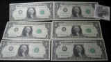 (6) Serirs 1963 $1.00 FRNs with A-F Reserve Banks Serial Numbers all ending with 79. All Crisp Undir