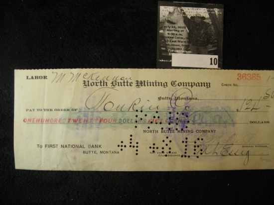 1916 North Butte Mining Company, Butte, Montana Labor Check $124.50. Cancelled. Drawn on First Natio