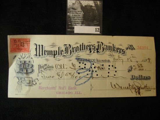 July 15th, 1899 cancelled Check with Two Cent Documentary Stamps "Memple Brothers Bankers" drawn thr