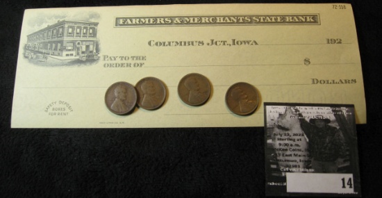 Blank Counter Check 1920 era from "Farmers & Merchants State Bank Columbus Jct., Iowa"; & (4) 1920 S