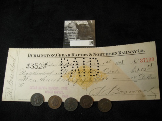 Dec. 1st, 1898 Check with a Gold 2c Documentary "Burlington, Cedar Rapids & Northern Railway Co." &