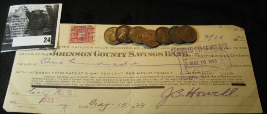 March 16, 1923 Johnson County Savings Bank, Iowa City, Iowa Check with Two Cent Documentary Stamp; &
