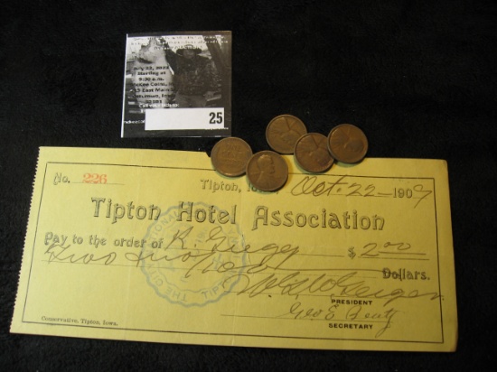 Oct. 22, 1909 Tipton Hotel Association, Tipton, Iowa Bank Check with "The City National Bank" Seal;
