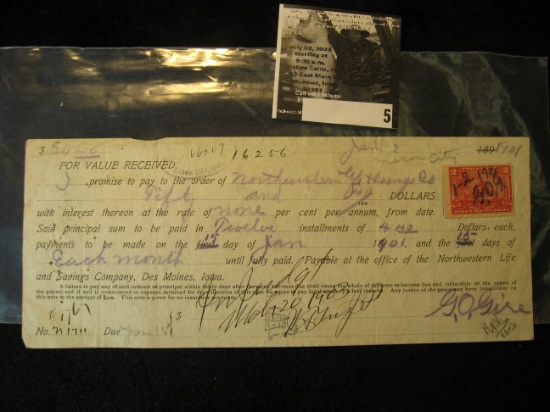 1901 Promissory Note with 2c Documentary Stamp Payable at the office of the Northwestern Life and Sa