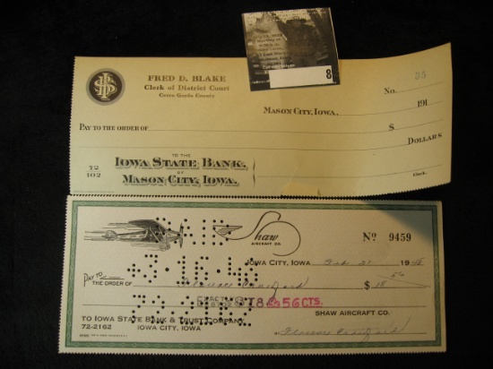 Pair of Old Bank Checks "Iowa State Bank of Mason City, Iowa in 191X range of dates; & Shaw Aircraft