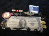Series 1935E $1.00 Silver Certicate; & a large Group of Military related items, Wings, badges, etc.