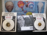 U.S. Postage Stamp Puzzle and 1852 & 1854 California Souvenir Gold Tokens.