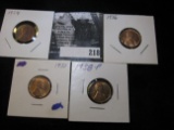 1934 Brown Unc, 1936 Red BU, 1937 Red with Spot & 1938 Red BU Lincoln Cents.