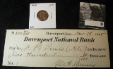 Nov. 18, 1885 Davenport National Bank, Davenport, Iowa Check for $500.90; & 1949 D Gem BU Lincoln Ce