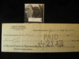 April 15, 1913 Fred P. Bemis General Insurance cancelled Check SCOTT County Savings Bank, Davenport,