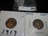1919 Lincoln Cent. Red & Brown BU.and 1919S VF.