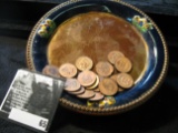 Interesting Copper enameled China Saucer with twenty old Indian Head Cents dating back to 1887.