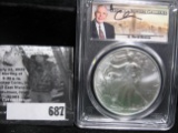 2020 PCGS slabbed American Silver Eagle in case signed by Q. David Bowers, Gem BU.