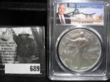 2022 PCGS slabbed American Silver Eagle in case signed by Q. David Bowers, New reverse, Gem BU.