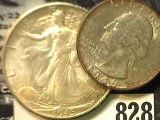 1946 D Toned Uncirculated Washington Quarter & 1945 S BU Walking Liberty Half Dollar.