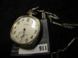 Men's Square-shaped ILLINOIS Open-faced Pocket Watch with Watch Chain. Ornately engraved back cover.