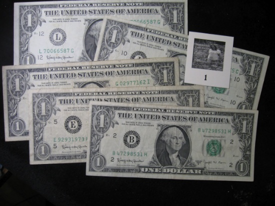 (5) 1963B Joseph W. Barr $1.00 Notes. Circulated.