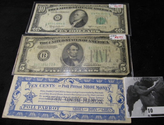 Series 1950D $10 Federal Reserve Note obv. Plate no. J495; rev. 1793; Series 1934A $5 Federal Reserv